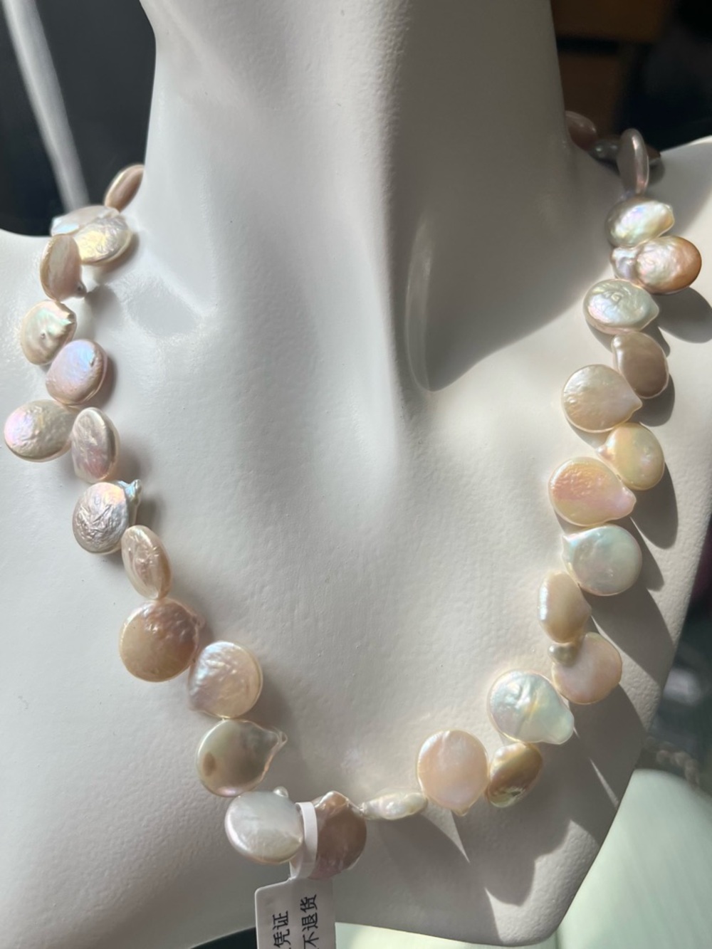 Genuine Freshwater 3D Coin Pearl Necklace in Iridescent Cream - 16+2 inches
